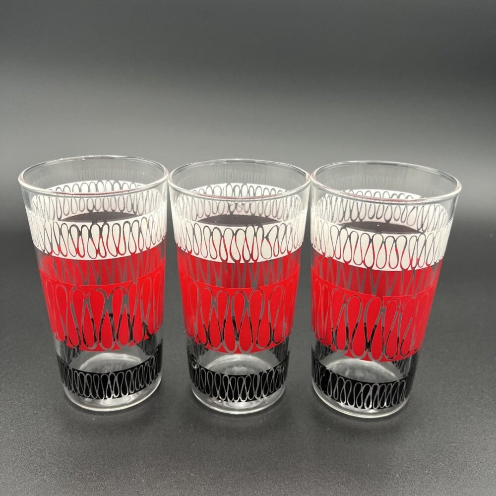 VTG MCM Anchor Hocking Set of 3 Glasses Red White Black Ribbon Squiggle 4 3/4" - Picture 3 of 8